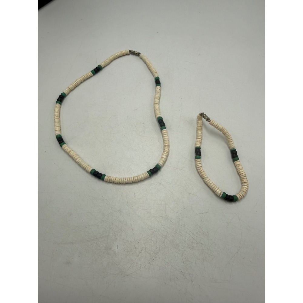 Vintage Puka Shell Necklace and Bracelet Set White Black Green Heishi Beads